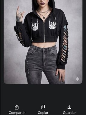 ROMWE Black Cropped Zip Hoodie with White Skeleton Hand Prints